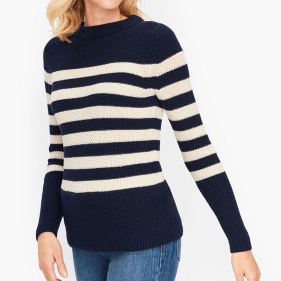 Talbots Shaker Stitch Striped Sweater 0P-2P Navy Blue Cream - Picture 2 of 10
